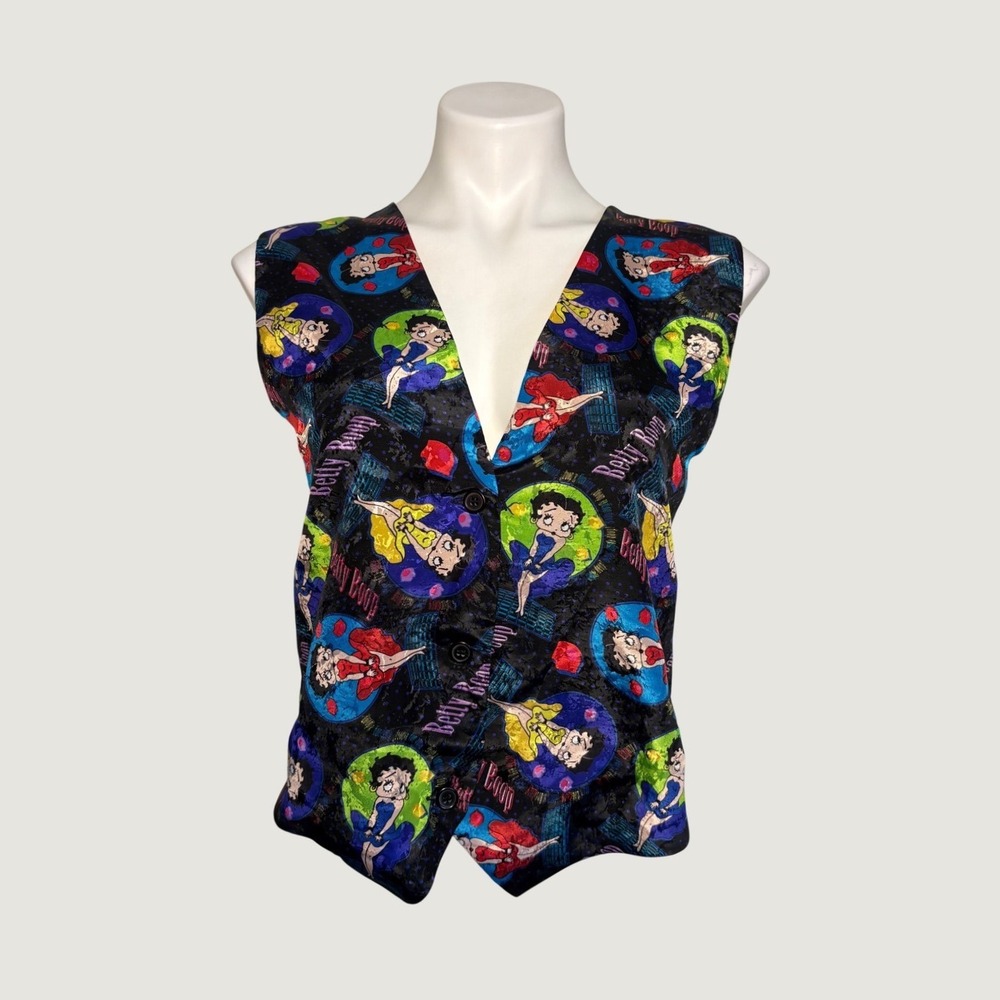 Y2K Vintage Betty Boop Print Vest Black Satin Sleeveless Button Front Top #15